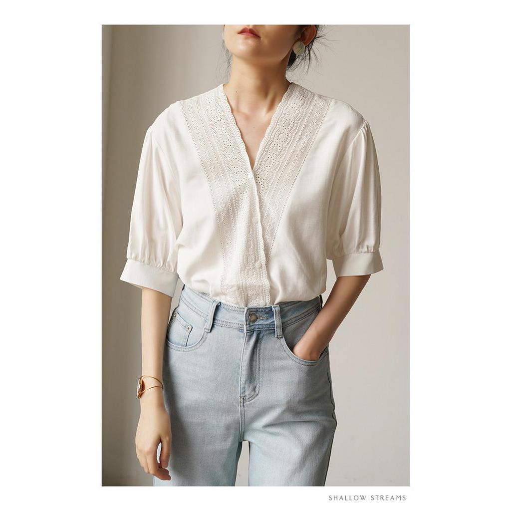 Áo Sơ Mi Trắng Tay Ngắn Cổ Chữ v Phối Ren Đơn Giản Dành Cho Nữ 63674