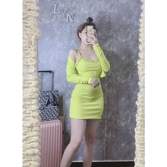 [FREESHIP - HÌNH THẬT] Set đầm body ngắn nữ hai dây phối ren + áo khoác tay dài nhiều màu