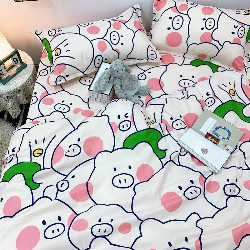 Bộ chăn ga cotton Poly họa tiết chú lợn