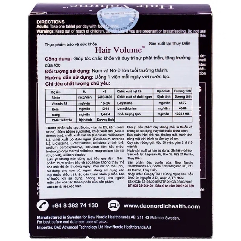 Viên Uống Giảm Rụng Và Kích Thích Mọc Tóc Hair Volum Chính Hãng Thuỵ Điển  Hộp 30 Viên