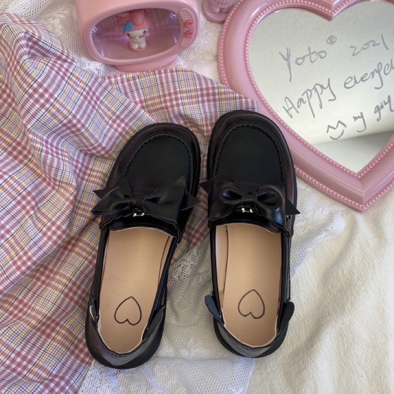 Giày Loafer vintage gấu xinh phối nơ có thể tháo rời vintage lolita ulzzang Nhật Bản [Yannie]