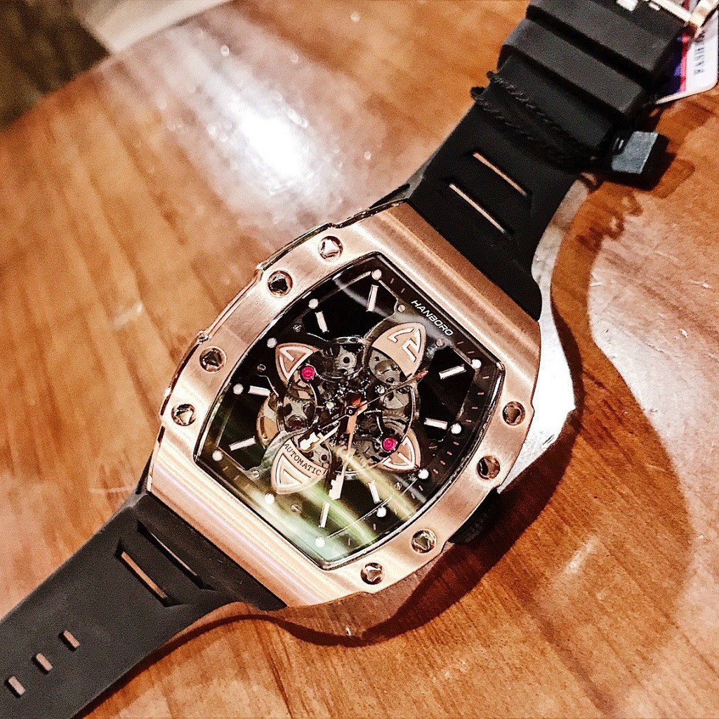 Đồng Hồ Hanboro By Huboler Nam Automatic Dây Silicon Đen Rose Gold 40x48mm Chính Hãng