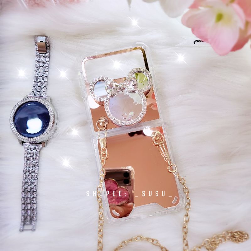 Ốp Samsung Z Flip 3 - Z Flip 4 - ZFlip3 5G tráng gương mickey đính đá kèm dây đeo dài