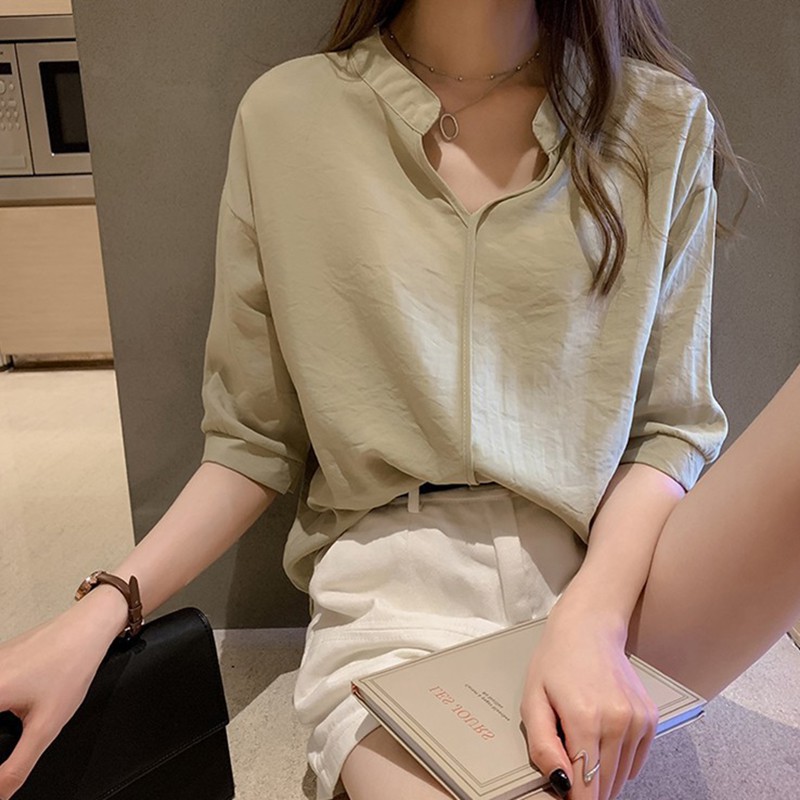 Áo kiểu chiffon tay ngắn thiết kế cổ chữ V phong cách quyến rũ dành cho nữ