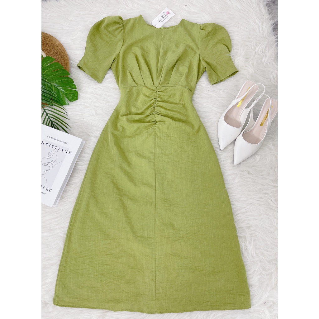 V62 | Đầm midi đũi Hàn cộc tay xanh bơ trơn dáng dài nhún eo | Tuli design