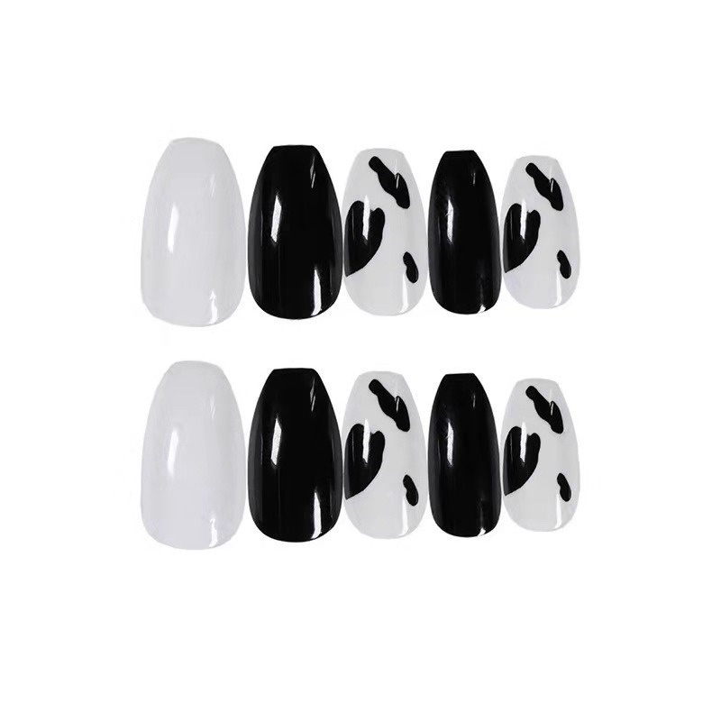 Set 24 Móng Tay Giả Màu Trắng Đen Phong Cách Âu Mỹ