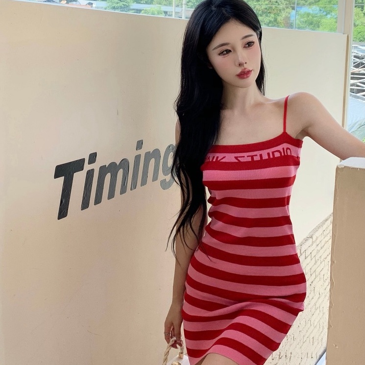 Đầm ZHELIHANGFEI 2 dây dệt kim họa tiết sọc ngang phong cách quyến rũ dành cho nữ