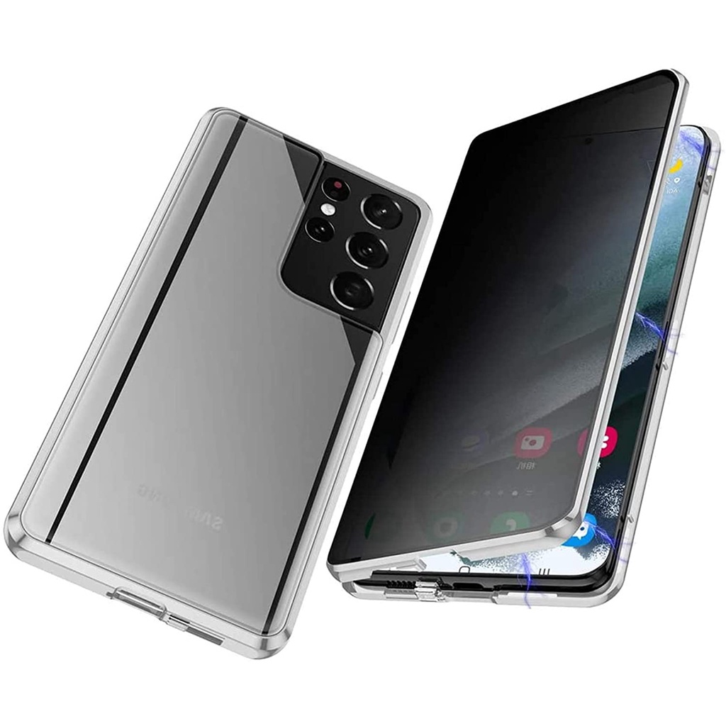 Ốp Điện Thoại Kính Cường Lực Hai Mặt Viền Kim Loại Nam Châm Chống Nhìn Trộm Cho Galaxy S23 / S22 Ultra