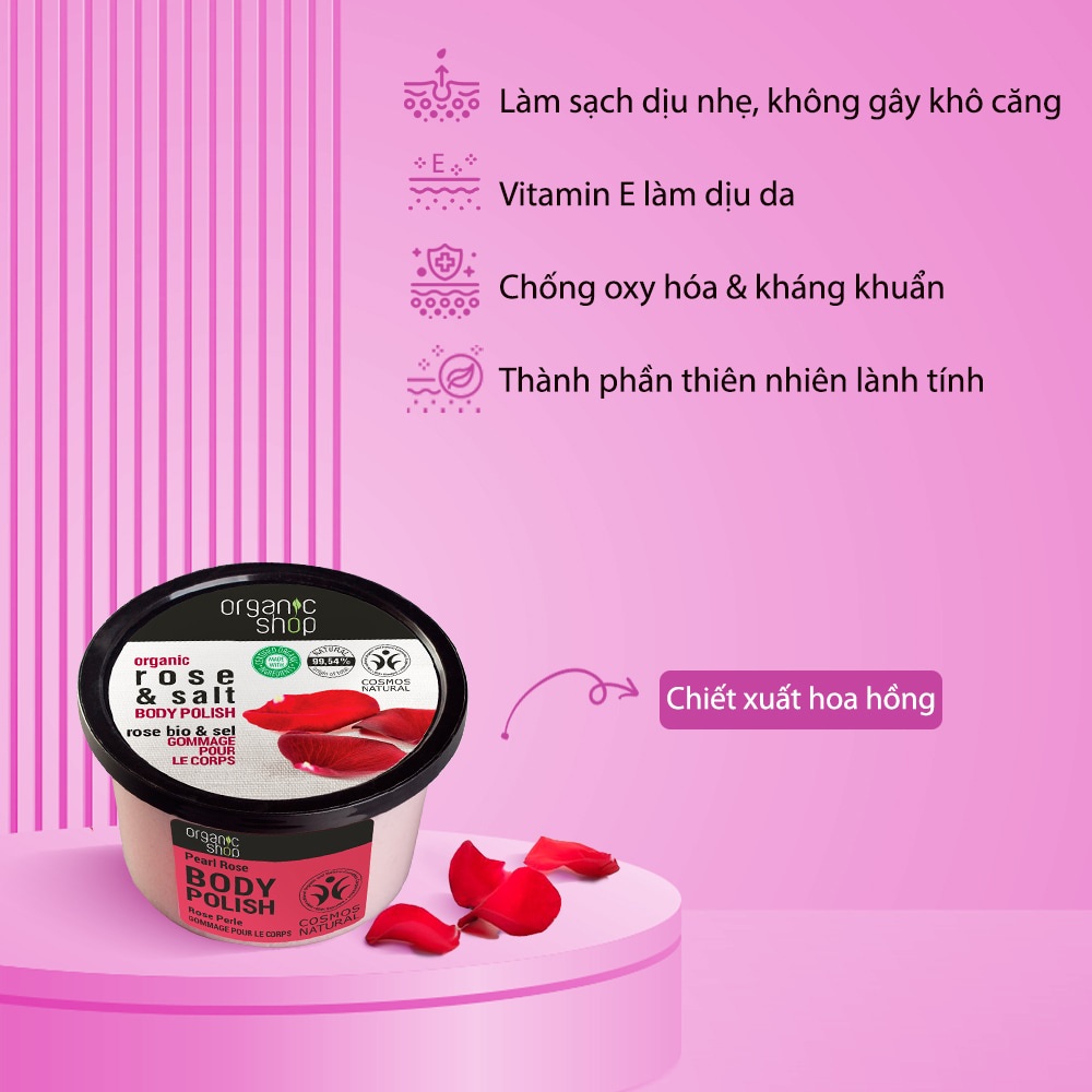Tẩy Tế Bào Chết Body Organic Shop Hoa Hồng &amp; Ngọc Trai 250ml