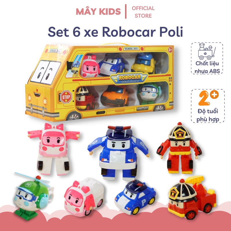 Bộ đồ chơi 6 xe oto Robocar poli biến hình, Bộ 6 xe bằng nhựa có hộp đựng cho bé - Mây Kids
