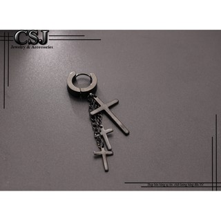 Bông tai inox nam nữ thời trang khoen bấm rớt 3 thánh giá màu đen