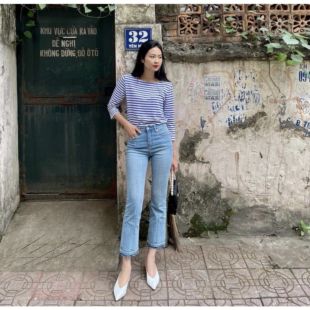 TheBlueTshirt - Áo Thun Tay Dài Nữ Sọc Xanh Trắng - New Classic BlueT - White / Blue Stripe