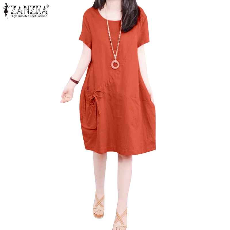 Đầm midi ZANZEA tay ngắn cổ tròn có túi dây rút thời trang cho nữ