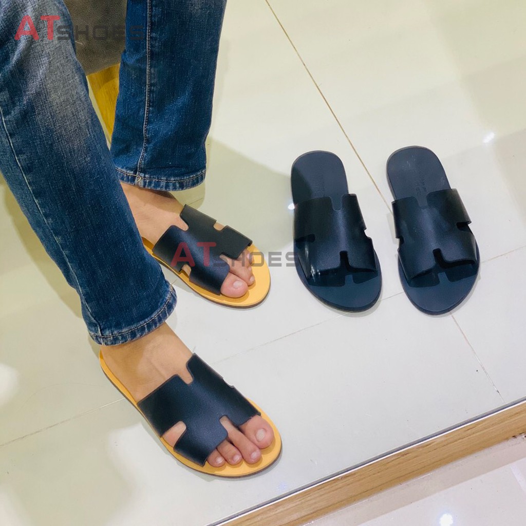 Dép Da Nam Cao Cấp Atshoes Dép chữ H Cao Cấp Da Bò Đế Caosu  Chống Nước HAT21(Đen_Nâu-Vàng)