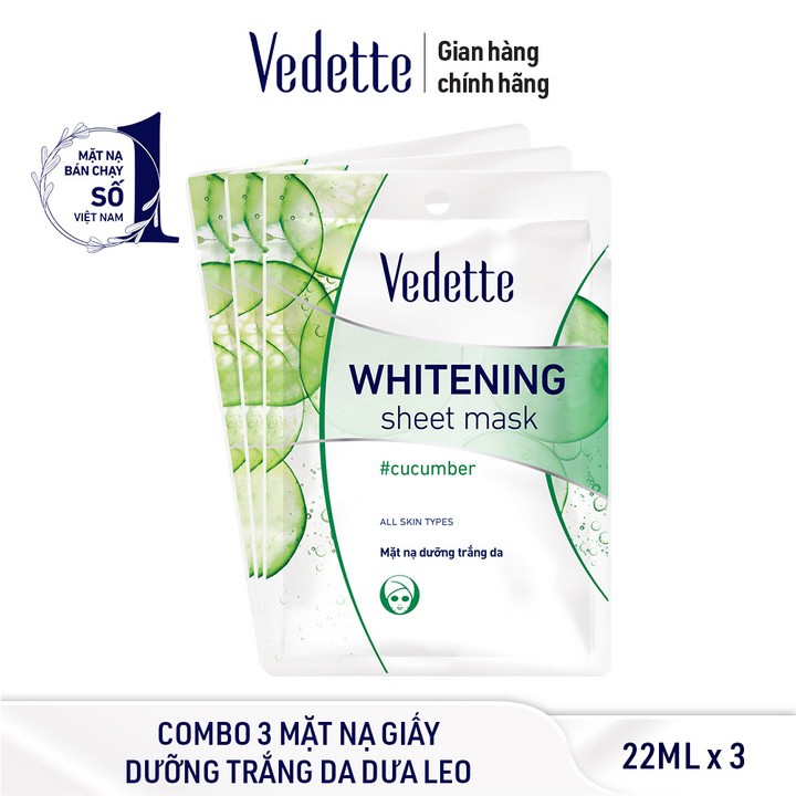 Combo 3 Mặt nạ giấy dưỡng trắng da dưa leo Vedette 22ml x 3