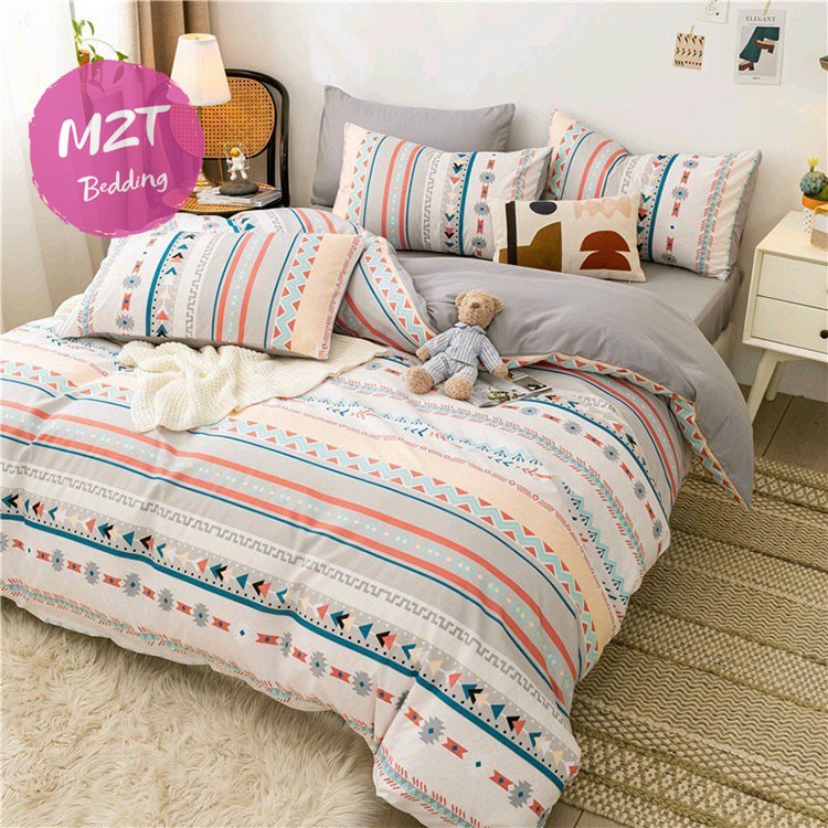 Bộ chăn ga Cotton poly Thổ cẩm trắng M2T Bedding chăn ga nhập khẩu miễn phí bo chun