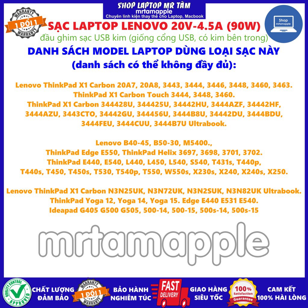(ADAPTER) SẠC LAPTOP LENOVO 20V 4.5A (90W) (USB kim) kích thước đầu ghim sạc USB Type A