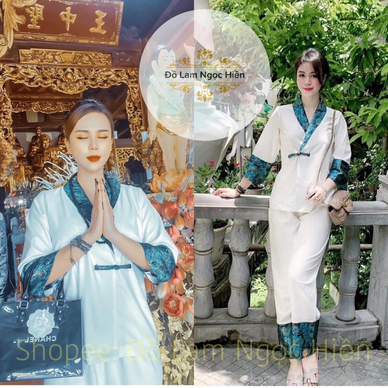 Mẫu Đồ Lam Đi Chùa Nữ Mới Nhất Trắng Viền Xanh Loang Đẹp, Đủ Size,Vải Tầm Hàn