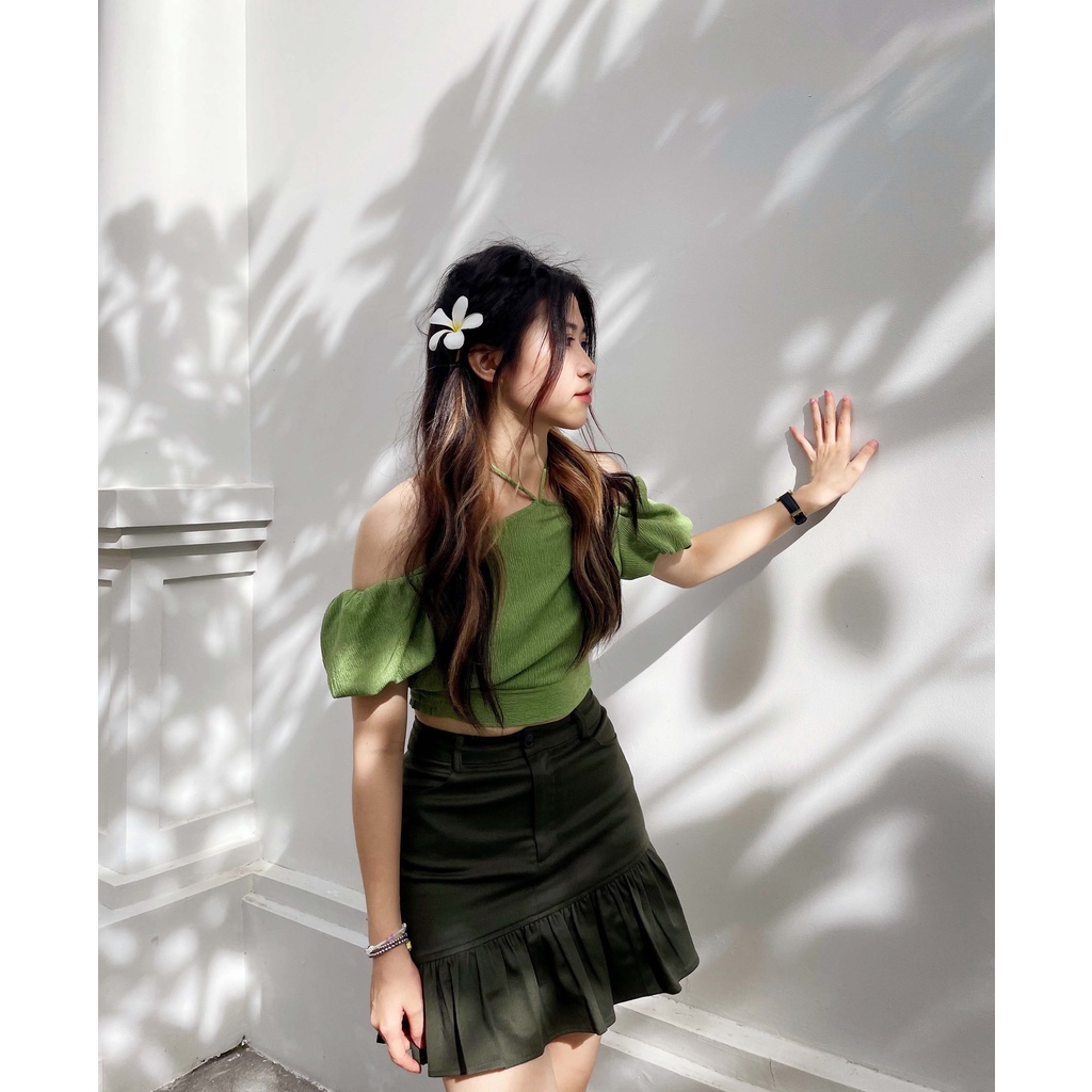 Chây váy kiểu 2 lớp xếp li dưới thời trang GAGO màu rêu GO4060