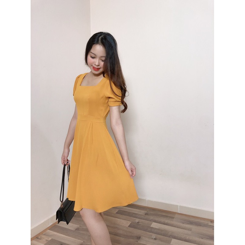 Váy xoè cổ vuông xếp ly tay bồng sweetlady ảnh thật freeship