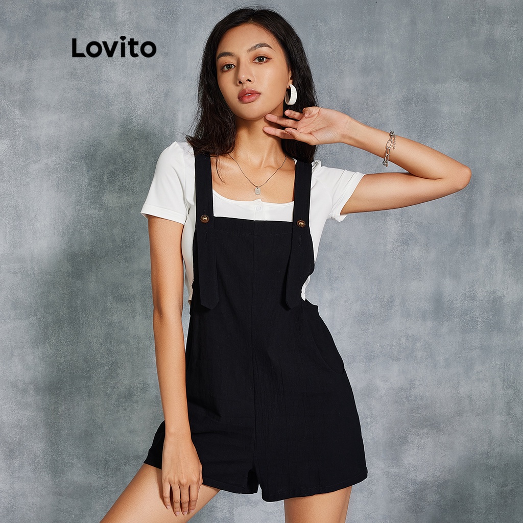 Lovito Bộ Áo Liền Quần Không Tay Có Túi Màu Đen L20D1173