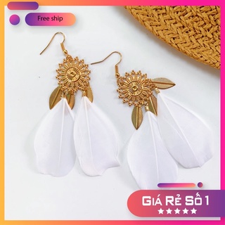 Khuyên tai boho tròn lông vũ trắng thanh khiết - Tiệm Cói Cô Lê