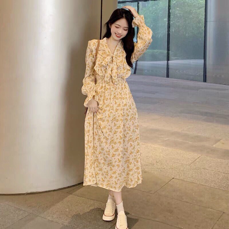 [ Miễn Phí Ship 2022 ] Đầm hoa phối nơ tay dài, đầm đuôi cá họa tiết in hoa