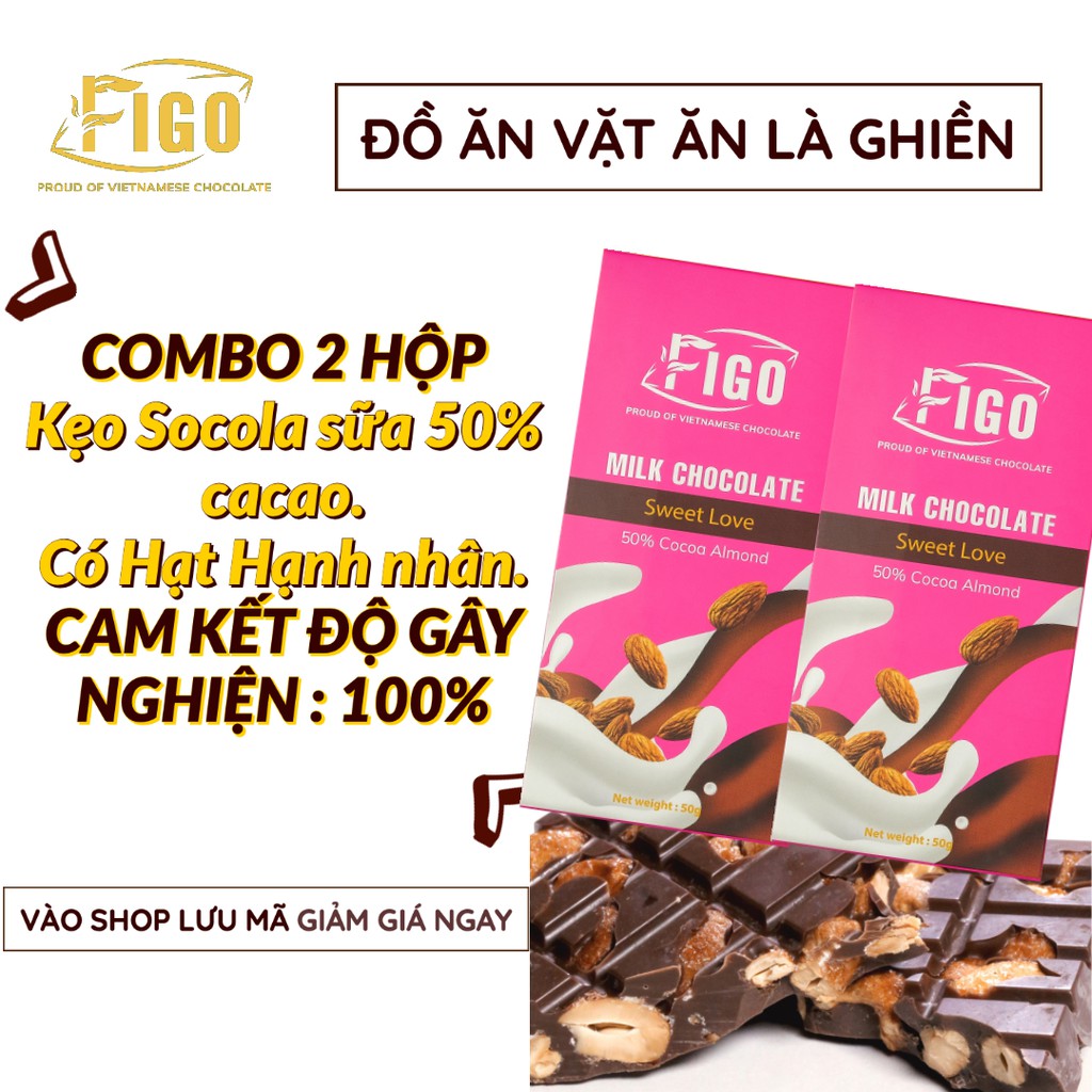 [Mã GRO2405 giảm 10% đơn 250K] [ĐỒ ĂN VẶT NGON-CAM KẾT ĂN BỊ GHIỀN] Combo Kẹo Socola sữa Hạnh nhân 50g 2 HỘP FIGO