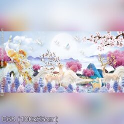 TRANH THÊU PHONG CẢNH HƯƠU NAI TÀI LỘC E68 (100X55) thêu kín