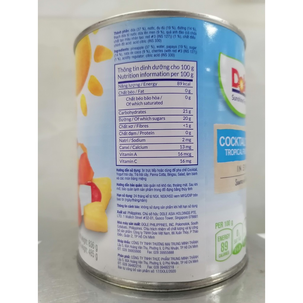 [836g] TRÁI CÂY NHIỆT ĐỚI HỖN HỢP [Philippines] DOLE Tropical Fruit Cocktail in Heavy Syrup (tmt-hk)