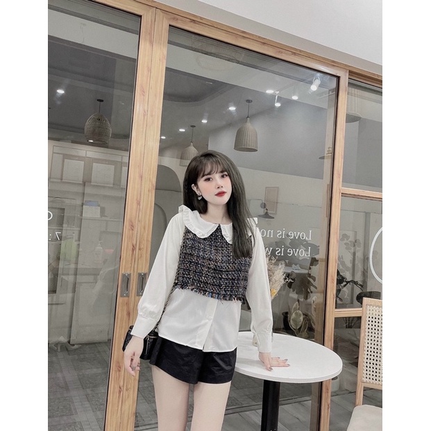 Áo sơ mi pha dạ cổ sen