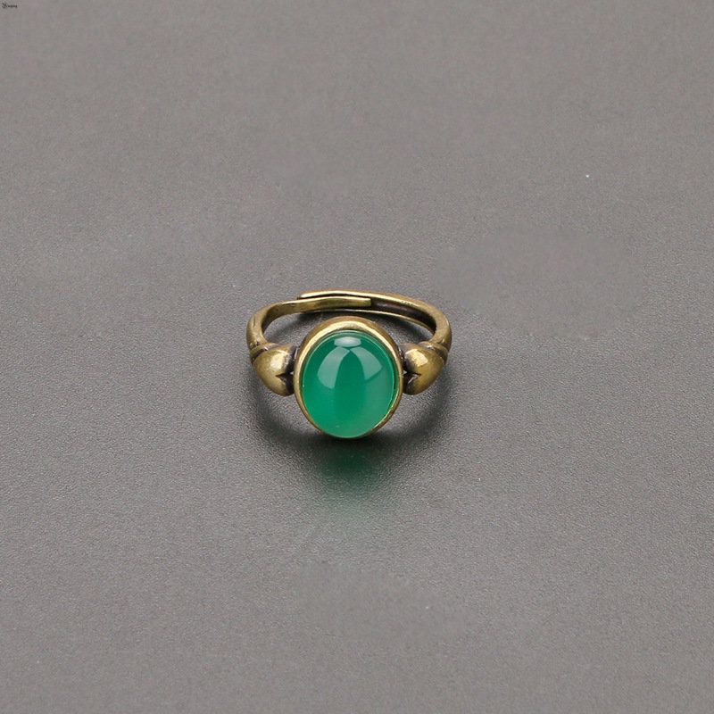 Yueying Nhẫn Hở Đính Đá Mã Não Màu Xanh Lá Có Thể Điều Chỉnh Được Cho Nữ