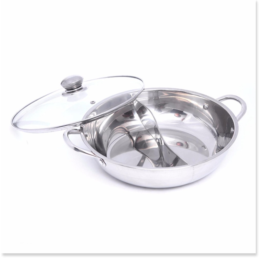 Nồi Lẩu Inox 2 Ngăn Nắp Thủy Tinh 30cm -32cmSang Trọng Tiện Ích [NgocLan Luxury]