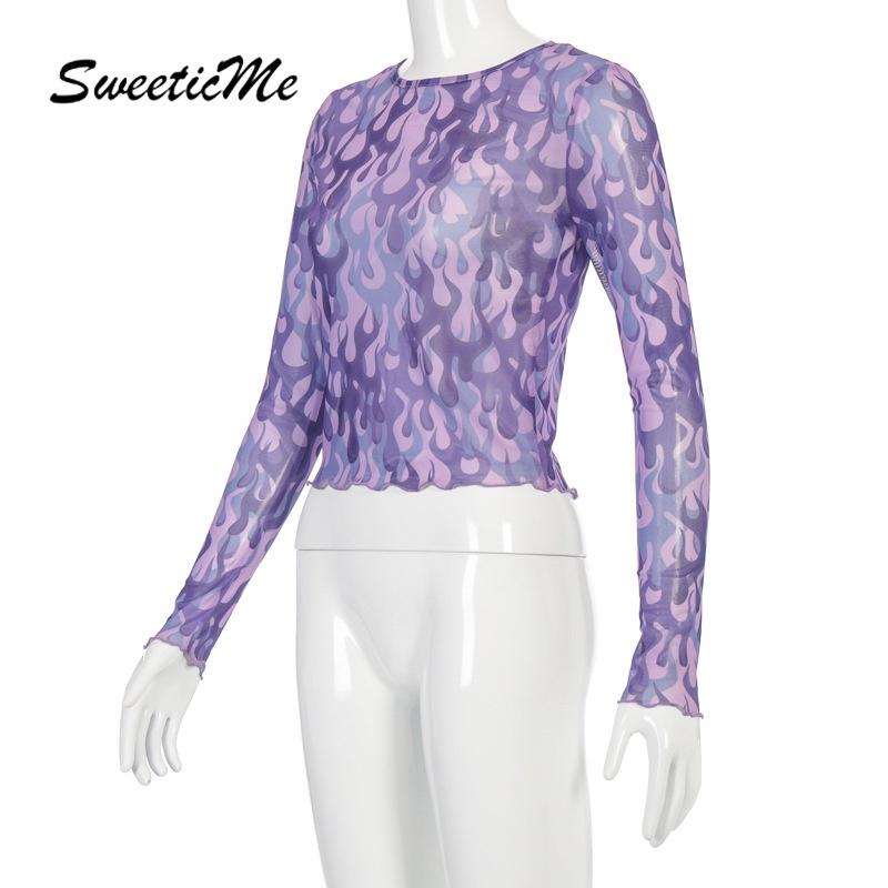 Áo Thun Cổ Thuyền Phối Lưới In Họa Tiết SweeticMe Thời Trang Cho Nữ