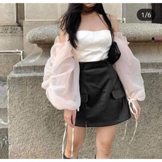 Croptop trễ bẹt vai tay bồng dây rút cánh tiên - by SugarG