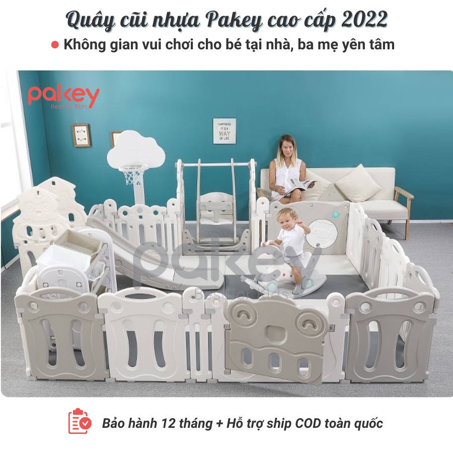 Quây cũi nhựa liên hoàn 8 món Cú mèo CÓ BÓNG RỔ, [Tặng kèm 100 bóng, 1 thảm dày và 1 giỏ đựng bóng]