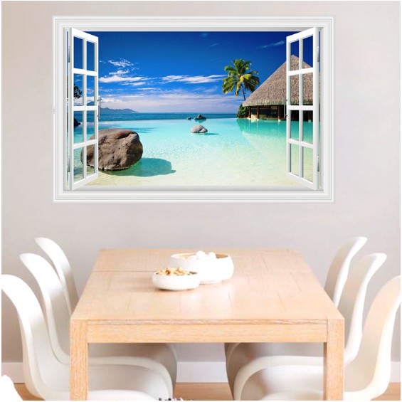 Decal trang trí khung cửa sổ 3D cảnh Resort biển xanh