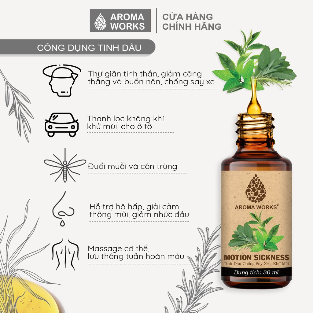 Tinh Dầu Thiên Nhiên Aroma Works Chống Say Xe, Khử Mùi Aroma Works Motion Sickness 10/30ml