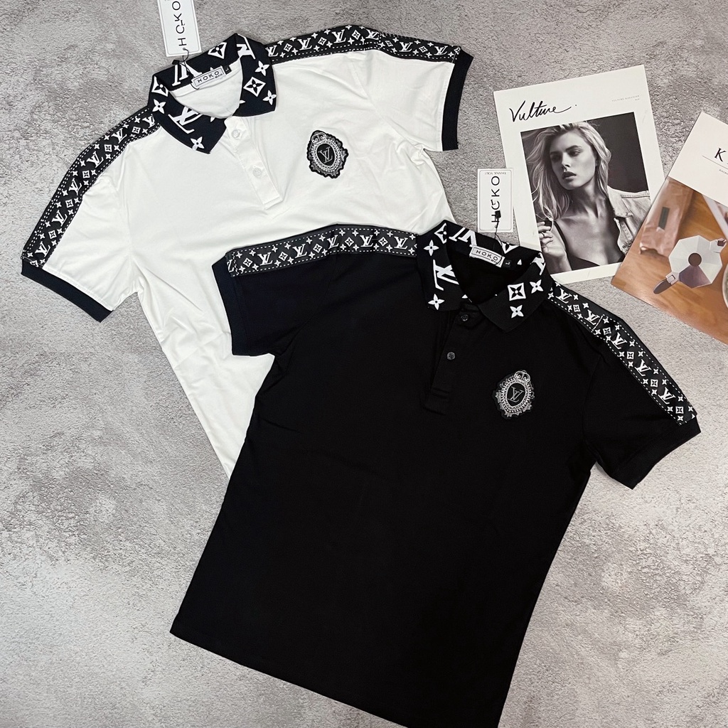Áo thun nam nữ cổ trụ tay ngắn thêu logo LV tròn trước ngực phối vai áo chất cotton thoáng mát thời trang mùa hè hot