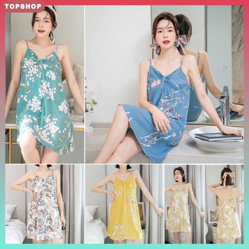 Váy lanh, váy ngủ Cotton lụa - lanh Quảng Châu 2 dây siêu mát hoạ tiết trẻ trung, thời trang
