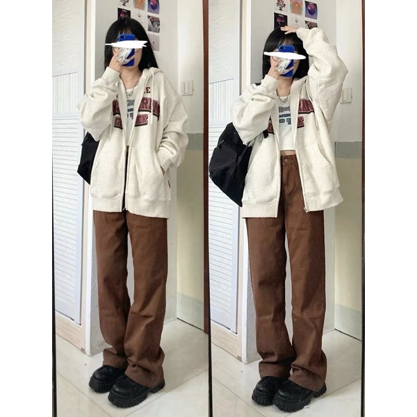 8604 | Quần Dài Kaki Nâu Unisex Dáng Rộng Cạp Cao Phom Tôn Đang Nam Nữ Phong Cách Hàn Quốc