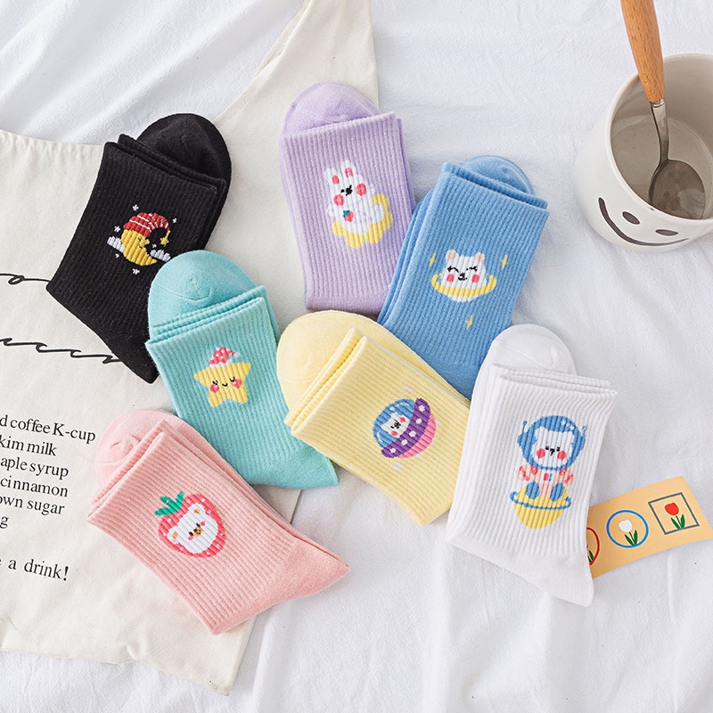 Tất cotton WE FLOWER ngắn màu kẹo ngọt hình ngôi sao mặt trăng gấu dâu tây phong cách Preppy JK dễ thương cho nữ