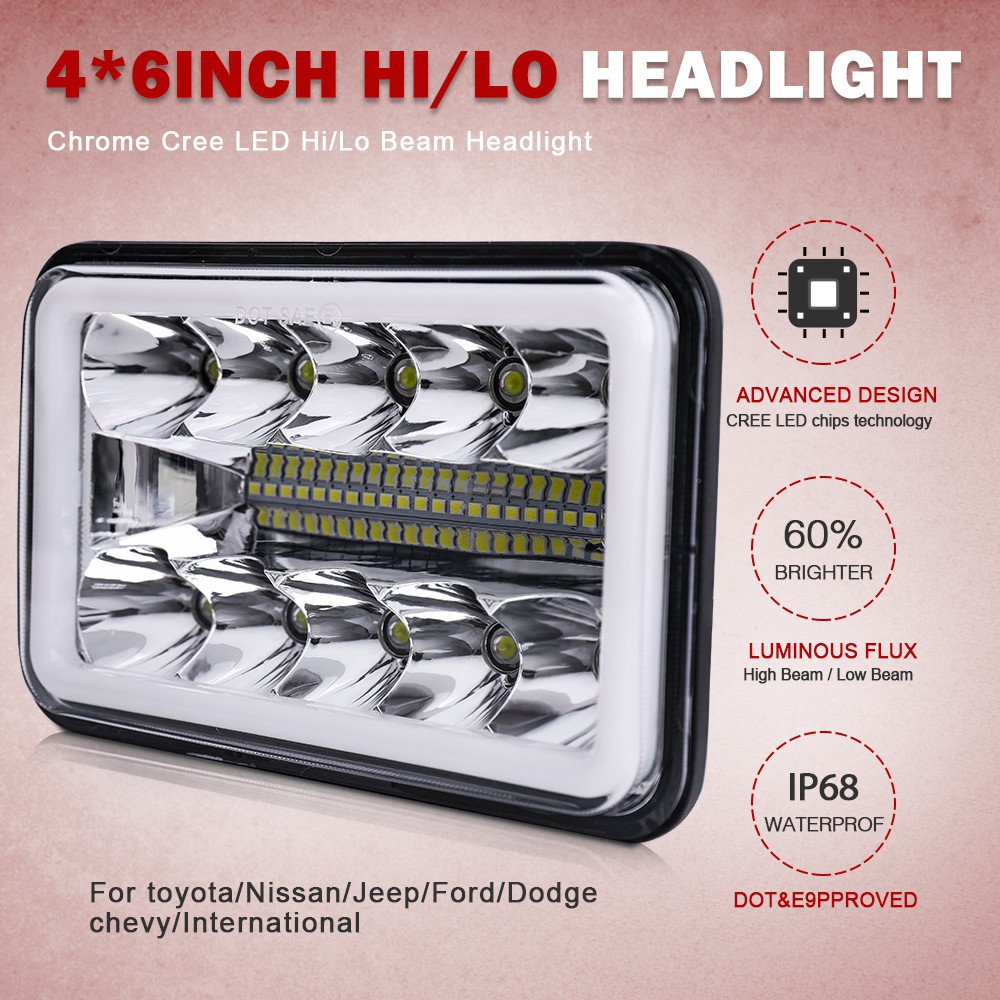 UNI-SHINE Đèn pha LED 4X6 Halo DRL kín cho xe tải bán tải FLD120 XL cổ điển 240W Đèn pha LED 4x6 "Hi / Lo Beam