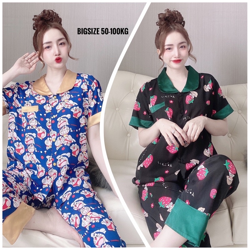 Bigsize Dài Tay Ngắn Phối Lụa Satin cổ sen 55-110kg Én Nhỏ Pijama