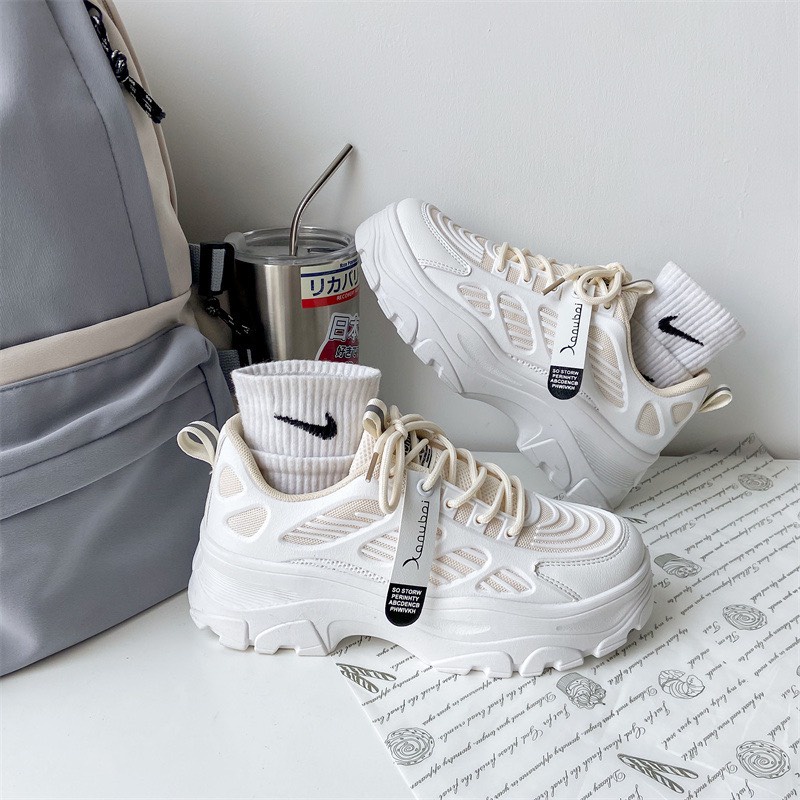 Giày thể thao sneaker nữ Xanu đế kem 5 cm phối vải thoáng khí