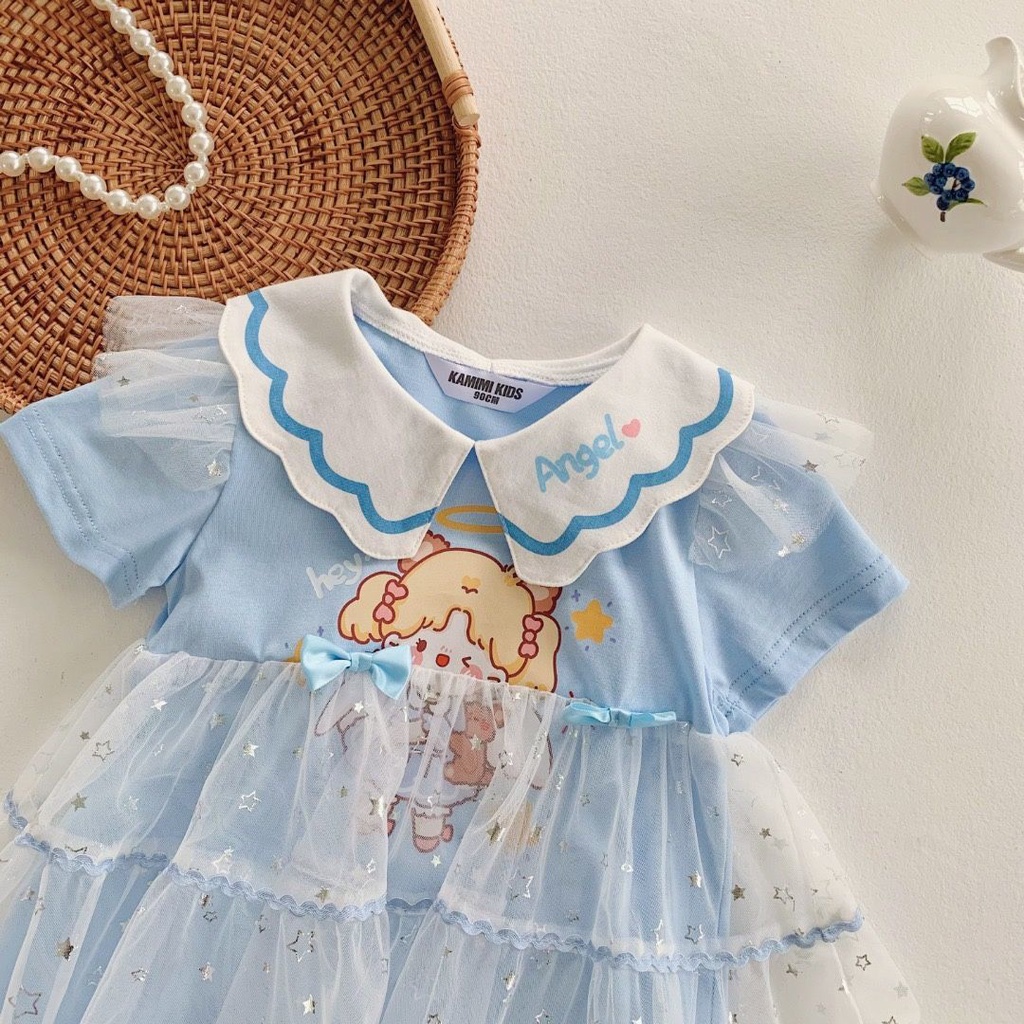 Đầm Công Chúa Tay Ngắn Phối Lưới In Hoạt Hình Kiểu Hàn Quốc Thời Trang Mùa Hè Cho Bé Gái