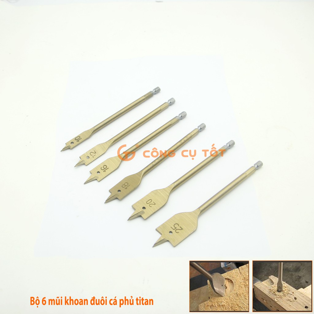 Bộ 6 mũi khoan khoét lỗ gỗ đuôi cá phủ TITANIUM 10-25mm