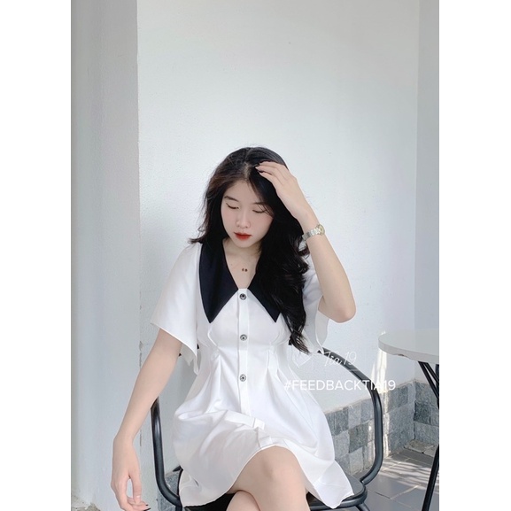 Váy cổ V tay xoè ulzzang Tia19. Đầm pha trắng đen dự tiệc cutout tay rộng | BigBuy360 - bigbuy360.vn