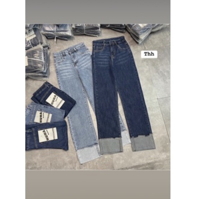 Quần jeans ống đứng Gập Gấu Co Giãn Hàn Quốc Quần Jeans Nữ Xanh Đậm Lưng Cao THOMPHAMSHOP