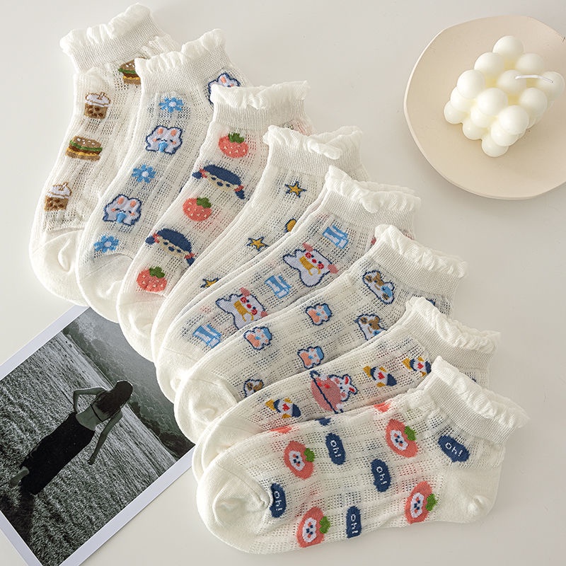 Vớ Ren Siêu Mỏng Thoáng Khí Màu Trắng Hình Gấu Dễ Thương Cho Nữ